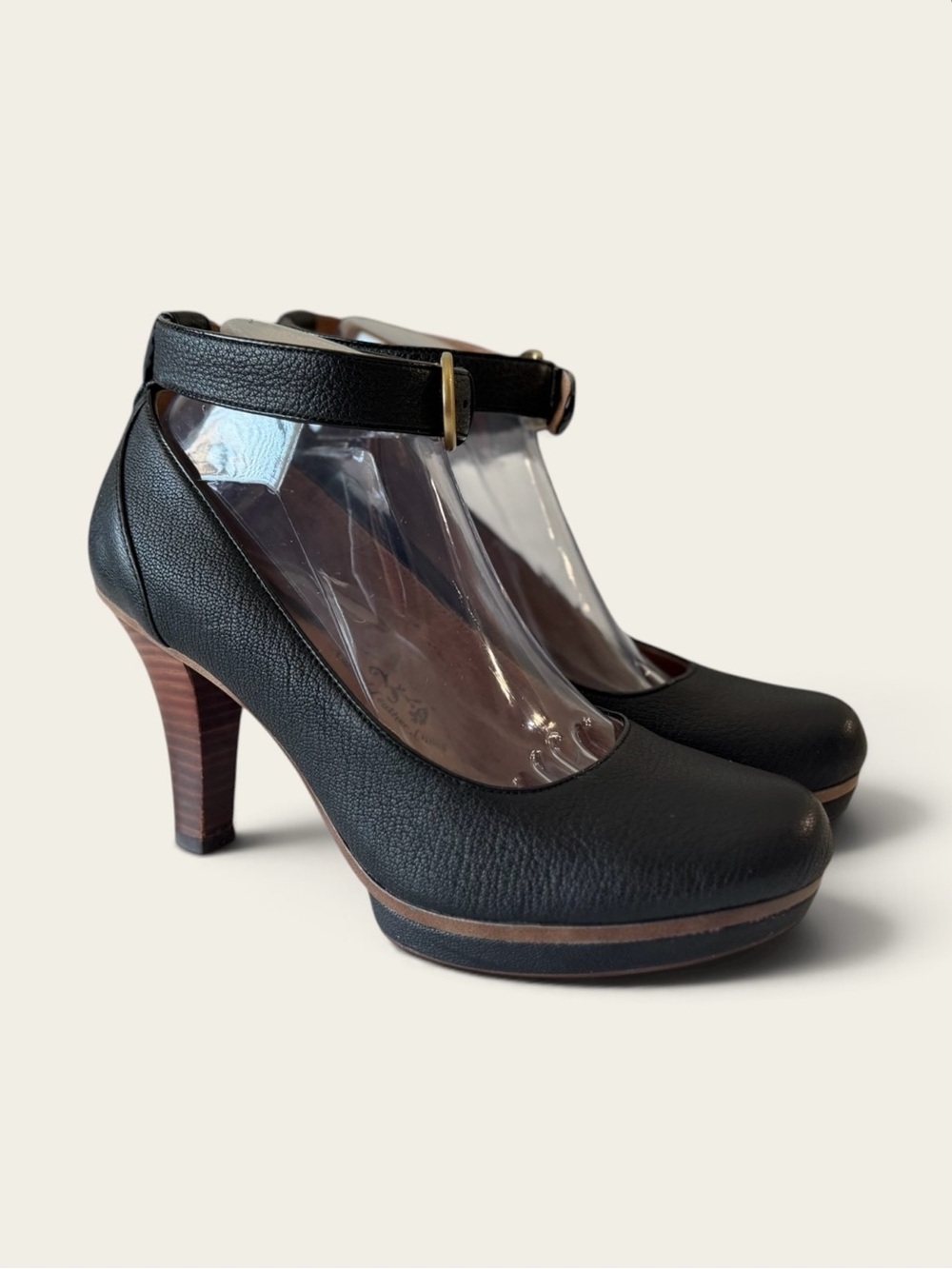 Sofft Black Pebbled Leather Platform Ankle Strap Pumps